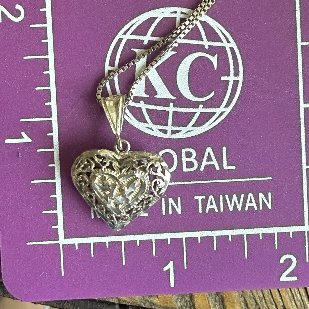 VTG STERLING SILVER 20” Chain Necklace DIAMOND CUT HEART PENDANT Filigree Birds